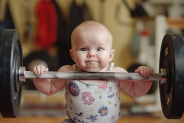Strong baby lifting a heavy barbell.