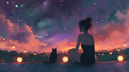 cozy evening, woman on the roof top with her cat, illustrated , lofi wallpaper