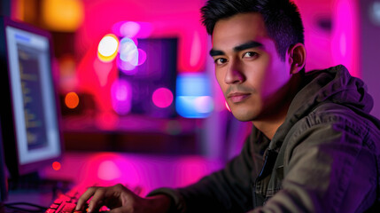 Man sitting in front of computer keyboard. Suitable for technology-related projects
