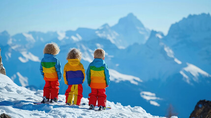 Group of children standing on top of snow covered slope. Perfect for winter activities and outdoor fun