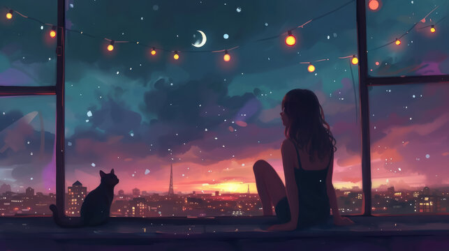 cozy evening, woman on the roof top with her cat, illustrated , lofi wallpaper