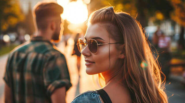 Woman wearing sunglasses walks down street next to man. Suitable for various uses