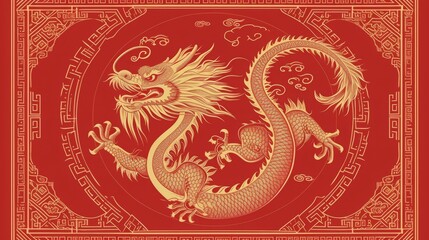 Happy Chinese new year poster with gold dragon, red backgrounds, the year of the dragon.