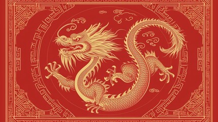 Obraz premium Happy Chinese new year poster with gold dragon, red backgrounds, the year of the dragon.
