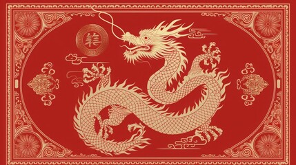 Happy Chinese new year poster with gold dragon, red backgrounds, the year of the dragon.