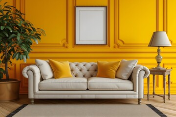 Chic comfort: Classic modern living room features a beige sofa with yellow pillows, flanked by side tables and lamps against a vibrant yellow wall with a poster frame.
