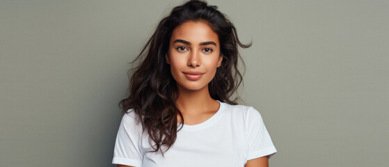 Young happy smiling Latin woman model wearing tshirt standing on color background. Face skin treatment, curly hair care cosmetics makeup, fashion ads. Beauty portrait. White t-shirt mock up template .