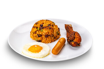 Delicious homemade fried rice with raisin, green pea, tomato sauce, fried egg, sausage and fried chiken drumstick in white ceramic plate isolated on white background with clipping path.