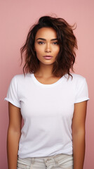 Obraz premium Young cool Latin woman hipster gen z model wearing mockup tshirt looking at camera on color background. Face skin care cosmetics makeup, fashion ads. Beauty portrait. White t-shirt mock up template .