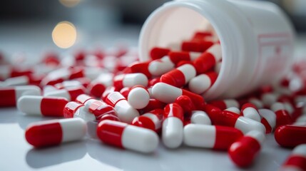 Red and white capsules pill spilled out from white plastic bottle container. Global healthcare concept. Antibiotics drug resistance. Antimicrobial capsule pills. Pharmaceutical industry. Pharmacy.