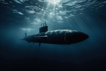 Old military submarine diving underwater.