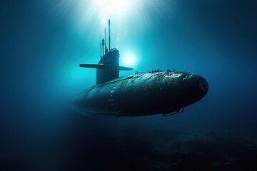 Old military submarine diving underwater. - obrazy, fototapety, plakaty
