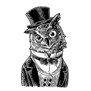 Owl gentlemen dressed in suit, tie and hat cylinder. Vintage black engraving