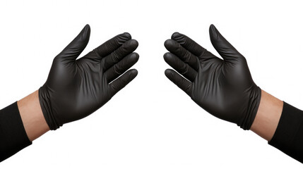 Pair of black gloves being worn on person's hands. This image can be used to portray concepts related to fashion, winter accessories, protection, or mystery