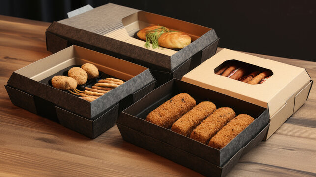 Three boxes of different kinds of food on table. Versatile image suitable for food and nutrition concepts