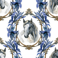 Watercolor seamless pattern horses with antique frame. Designed for decorating furniture, surfaces, walls, interiors, clothes, home textiles, stationery