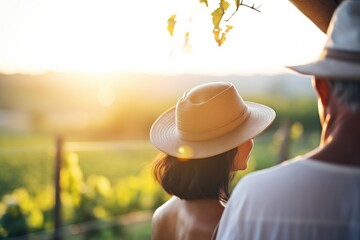 couple in sunhats, enjoying a sunlit vineyard view