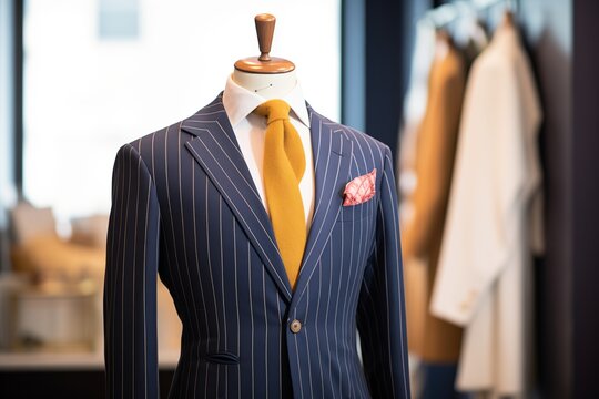 a bespoke pinstripe suit displayed on a mannequin