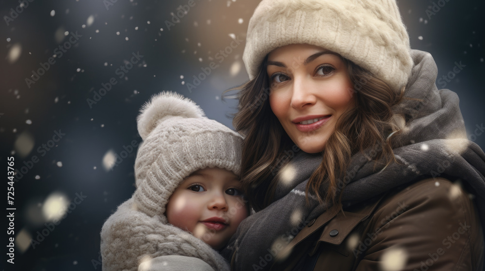 Wall mural Woman holding baby in warm winter coat. Suitable for family and winter-themed designs