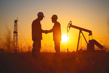 Silhouette of two engineers handshaking in front of oil pump. 