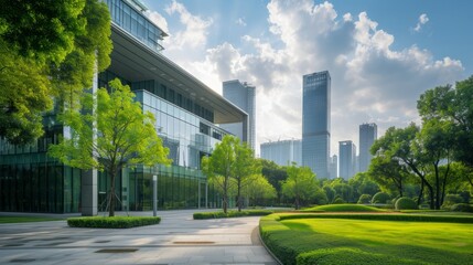 modern office building and green park in shanghai china.