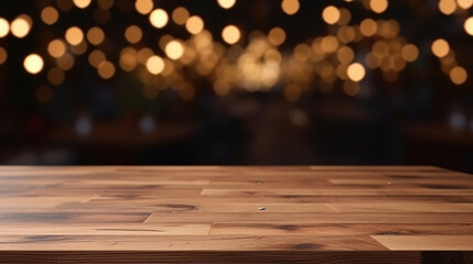Simple wooden table with captivating lights in background. Perfect for adding warmth and ambiance to any space