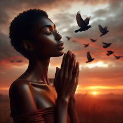 Woman praying and free the birds to nature on sunset background