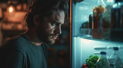 A hungry man looks into the refrigerator at night