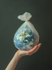 Globe, earth and garbage bag mockup for environment, climate change and pollution concept. Hand holding the planet in plastic for eco system background, awareness poster and protection wallpaper