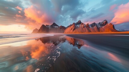 Vestrahorn mountaine on Stokksnes cape in Iceland during sunset. Amazing Iceland nature seascape. popular tourist attraction. Best famouse travel locations. Scenic Image of Iceland - obrazy, fototapety, plakaty