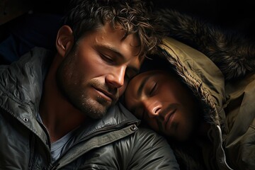 Couple of spirit men in love in the morning in bed. LGBT concept. Love and romance of two people. Tenderness and relaxation. Happy morning for gay lovers,