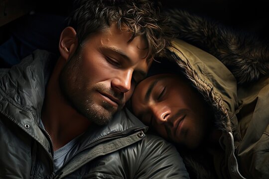 Couple of spirit men in love in the morning in bed. LGBT concept. Love and romance of two people. Tenderness and relaxation. Happy morning for gay lovers,