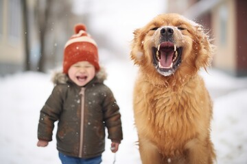 child laughing as a dog shakes snow off its fur