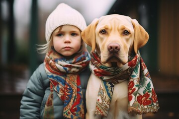 child and labrador wearing matching scarves