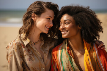 Two women standing side by side on sandy beach. Suitable for travel brochures or vacation-themed articles