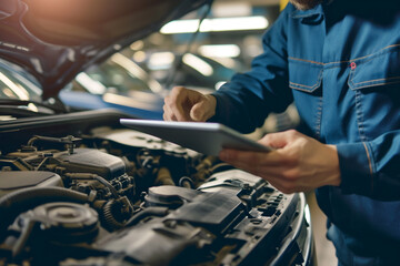 Expert Diagnosis, Mechanic Analyzing Car Engine with Digital Tablet