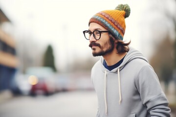 hipster guy adjusting his knit beanie while skateboarding
