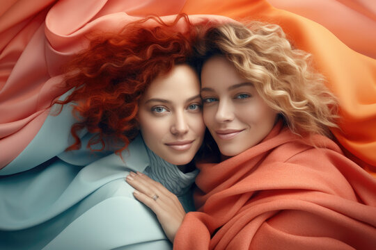 Two women are wrapped up in blanket. This picture can be used to depict friendship, warmth, or relaxation
