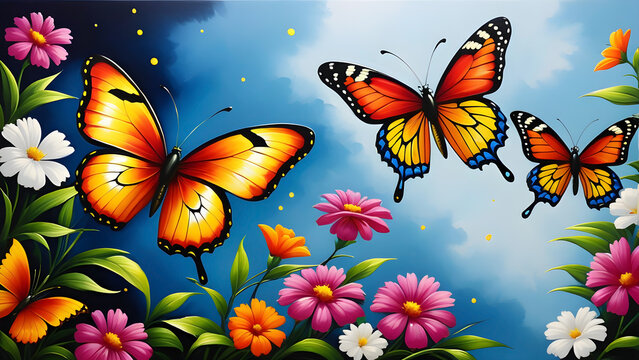  painting art vibrant butterflies. for wall art decor and background wallpaper, greeting cards, stationery, wedding invitations, and decorations. Generative Ai