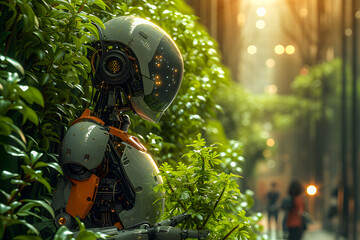 A futuristic humanoid robot explores lush greenery in a serene urban park, blending technology with nature.
