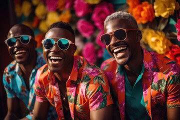 Group of three men wearing colorful shirts and sunglasses. Suitable for various occasions and events