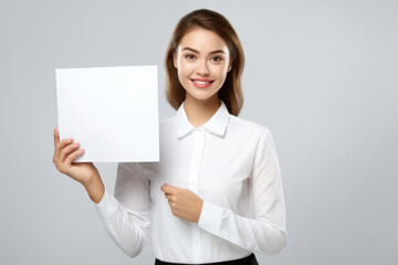 Naklejka premium Woman in white shirt holding up blank paper. Suitable for various uses
