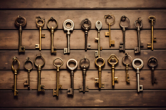 antique keys isolated on wood stock photo