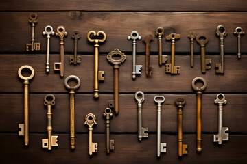 antique keys isolated on wood stock photo