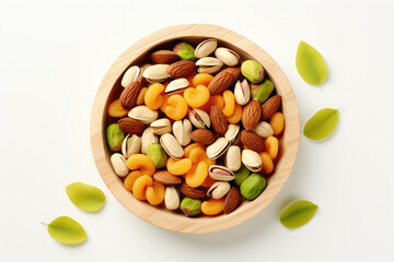 Wooden bowl filled with variety of nuts and fresh green leaves. This image can be used to represent healthy eating, natural ingredients, or rustic food display