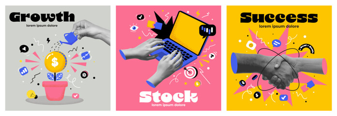 Contemporary art collage. Employees working, overcoming difficulties, moving to success, creating profitable ideas. Concept of business, teamwork, achievement, challenges. Vector Illustration