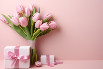Beautiful bouquet of pink tulips arranged in vase, accompanied by gift box. Perfect for expressing love and appreciation on special occasions