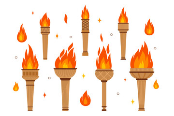 Set of burning torches. Fire flame options. Vector illustration on isolated background.