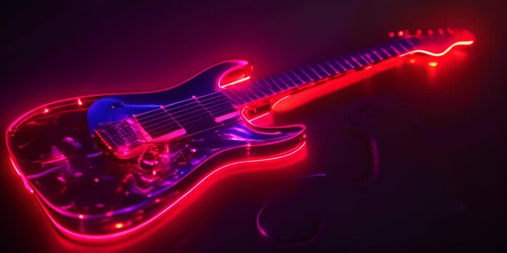 Neon guitar on a dark background. Concept of music