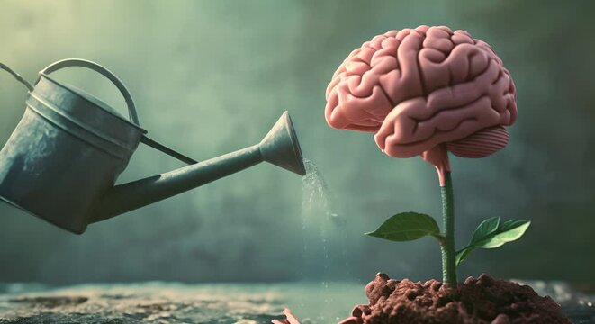 Brain on a plant stalk being watered by a watering can. Concept of learning and intellectual growth.